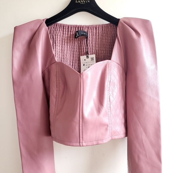 Zara Faux Leather Puff Shoulders Marsala Crop Top/Blouse Blogger Favorite NWT - Picture 12 of 16